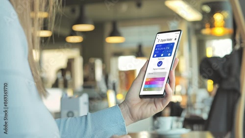 woman at cafe using smart phone digital wallet to pay online,back view of caucasian female shopping on internet web store paying with wireless credit card,secure payment