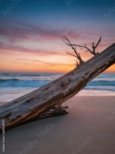 a driftwood tree on the beach at sunset © RENDISYAHRUL