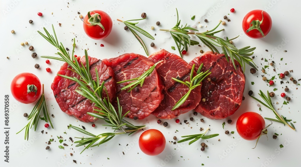 Raw Beef Steak With Rosemary and Peppercorns on a White Surface Raw Beef Steak With Rosemary and Peppercorns on a White Surface