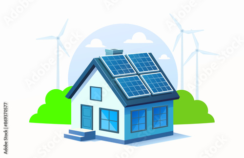Solar panel electricity generation, nature ecology, green energy. vector illustration