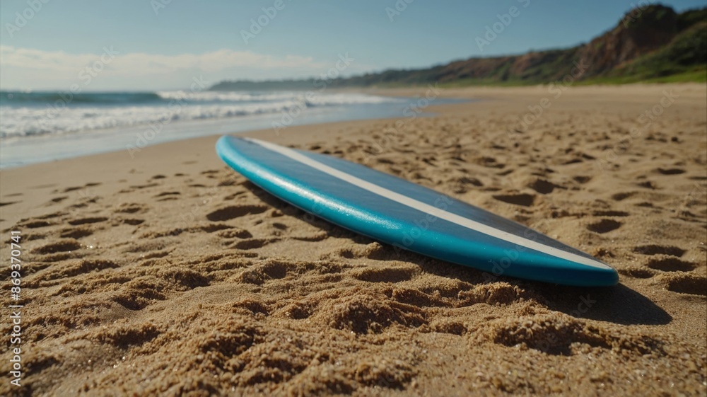 Surfboard on the beach sand, beautiful beach in the background, concept of leisure, summer, sport. Surfboard on the beach sand, beautiful beach in the background, concept of leisure, summer, sport.