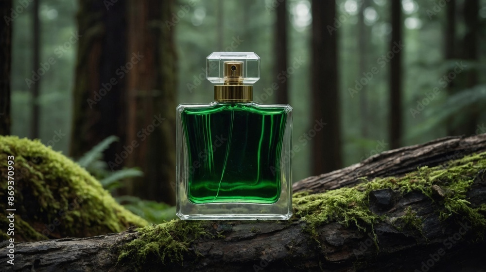 Perfume bottle with green liquid inside, on a tree trunk, forest in the background. Perfume bottle with green liquid inside, on a tree trunk, forest in the background.