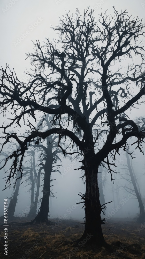 Silhouette of a dry tree, thick and dense fog in the background. Silhouette of a dry tree, thick and dense fog in the background.
