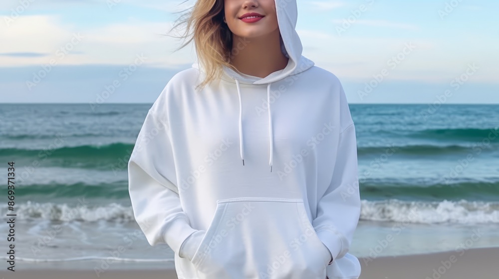 Serene Beach Vibes - Female Model Mockup in White Hooded Sweatshirt on Sunny Shoreline | Sony Alpha 1 Photography Serene Beach Vibes - Female Model Mockup in White Hooded Sweatshirt on Sunny Shoreline | Sony Alpha 1 Photography