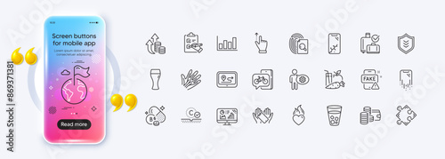 Juice, Bike app and Destination flag line icons for web app. Phone mockup gradient screen. Pack of Report diagram, Gps, Smartphone broken pictogram icons. Vector