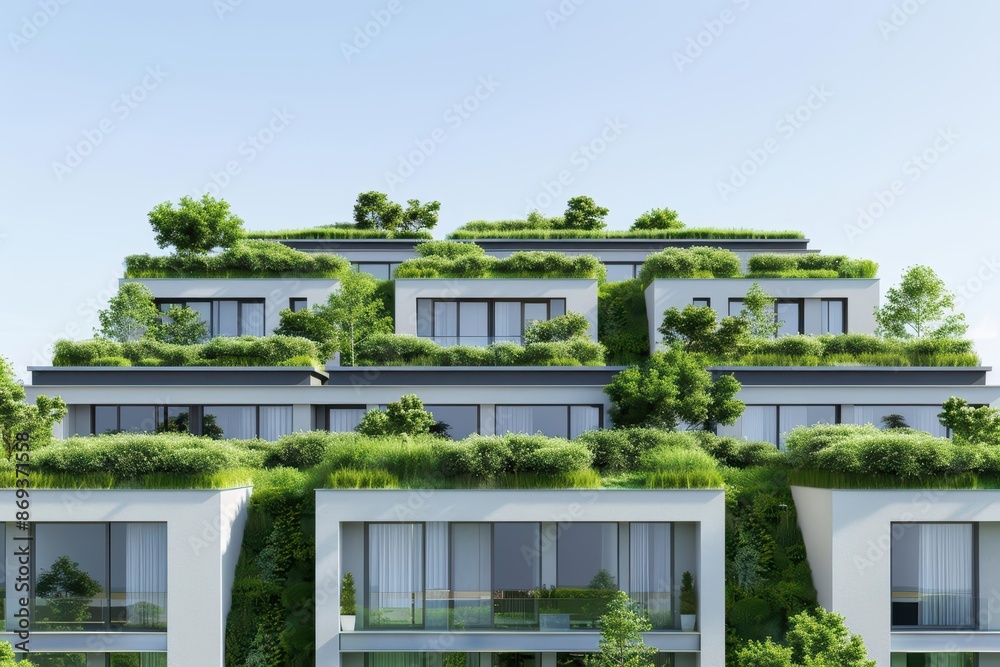 Fototapeta premium A sustainable urban area featuring rooftop gardens and energyefficient homes with copy space