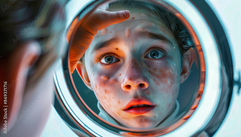 Eating disorders are a distorted mirror: Depict a person looking into a funhouse mirror that distorts their appearance, symbolizing the distorted body image and self-perception in eating disorders Eating disorders are a distorted mirror: Depict a person looking into a funhouse mirror that distorts their appearance, symbolizing the distorted body image and self-perception in eating disorders