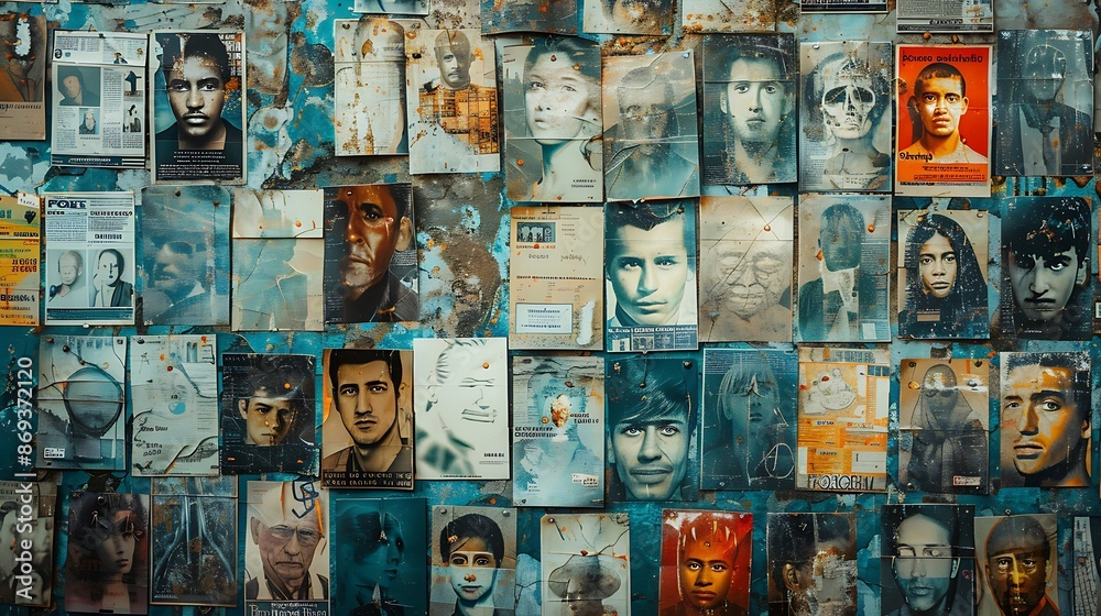 Obraz premium A wall covered with posters of missing persons, symbolizing the ongoing search for truth and justice on the International Day of Remembrance of Enforced Disappearance. Copy space for text, sharp
