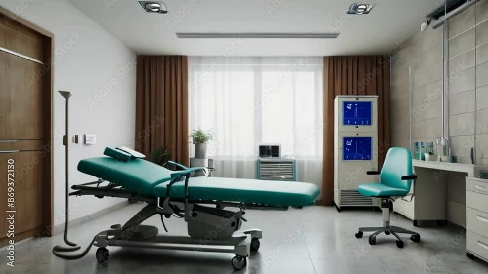 Modern Clinic Examination Room with Green Examination Table and Medical Equipment Modern Clinic Examination Room with Green Examination Table and Medical Equipment