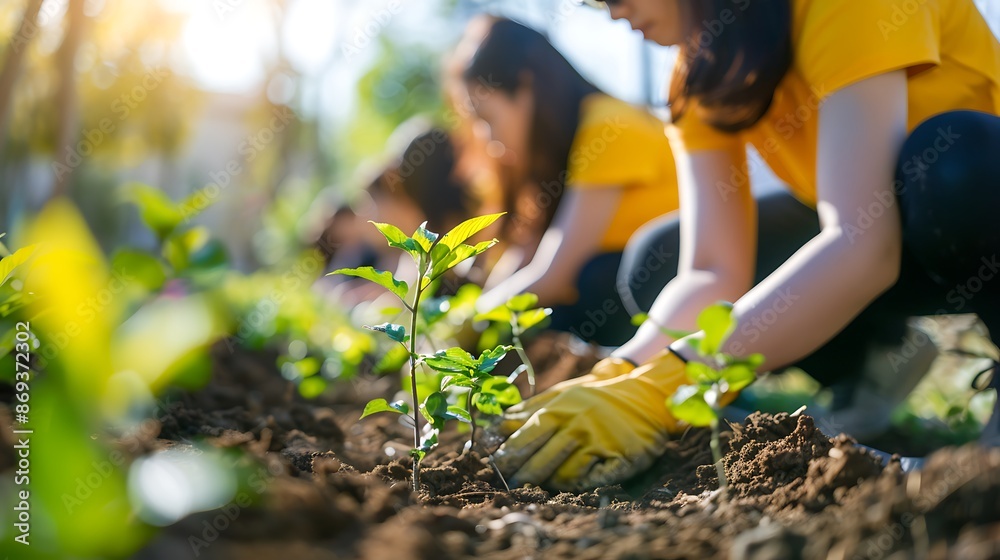 Naklejka premium A group of volunteers planting trees in a community park, promoting environmental charity efforts on International Day of Charity. Copy space for text, sharp focus and clear light, high clarity, no