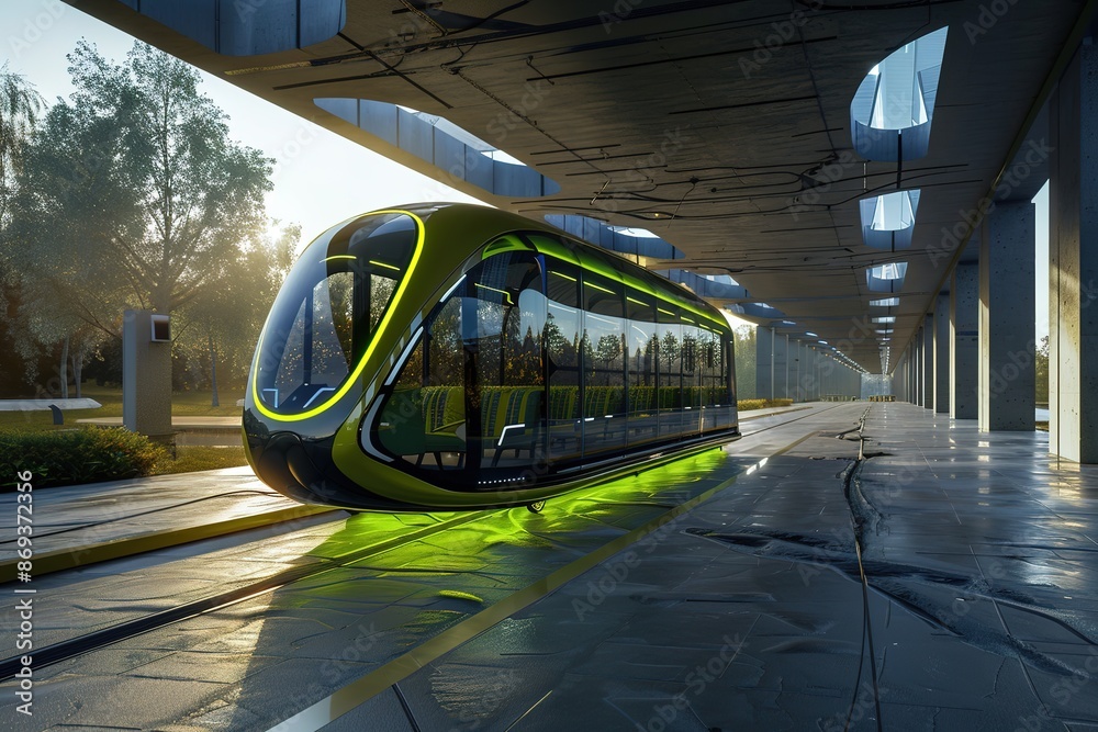 Obraz premium Futuristic tram station with modern green tram, dawn lighting.