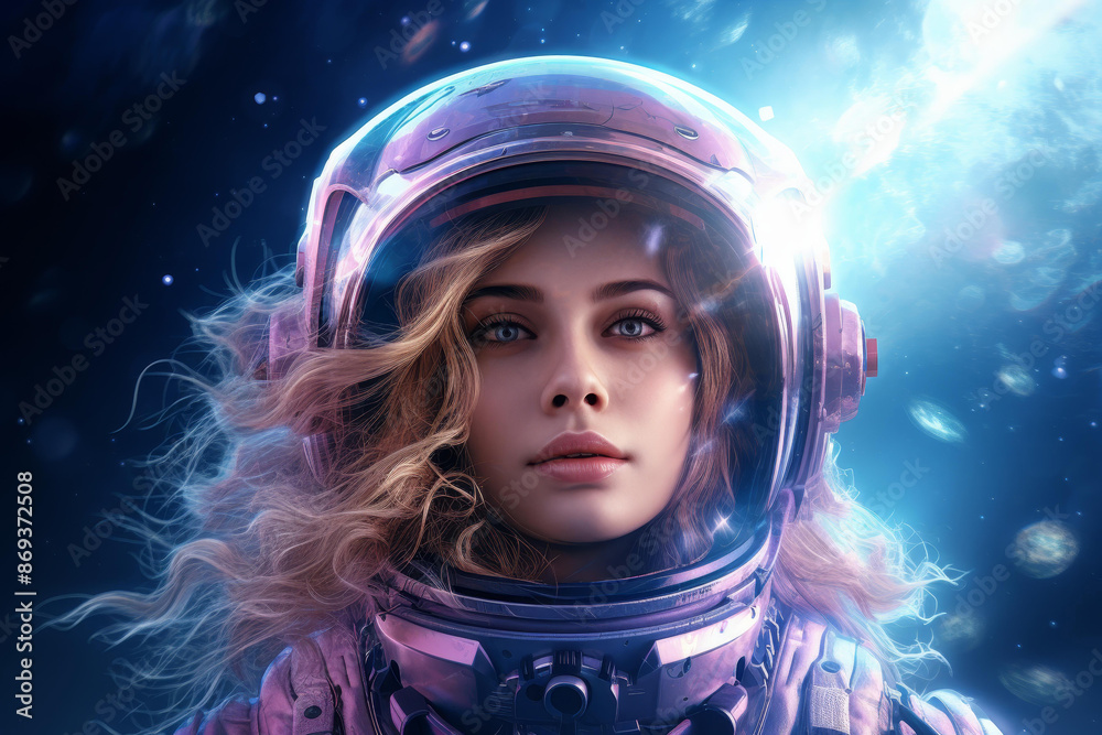 Stunning portrait of a young woman in a space suit, set in a fantasy science fiction universe, perfect for banners, posters, and covers. Stunning portrait of a young woman in a space suit, set in a fantasy science fiction universe, perfect for banners, posters, and covers.