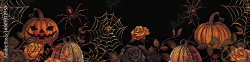 Elegant Halloween pattern with lacey spider webs, ornate pumpkins, and gothic roses on a black background