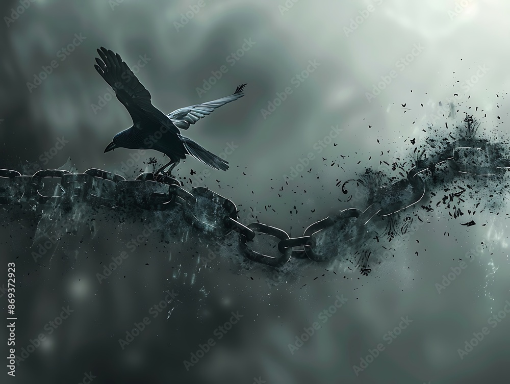 Obraz premium A symbolic image of a broken slave collar transforming into a bird taking flight, representing the journey from slavery to freedom.