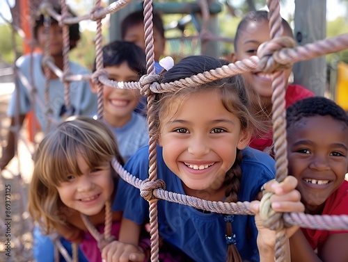 A heartwarming scene of a group of children playing together at a playground built with the help of charitable donations.