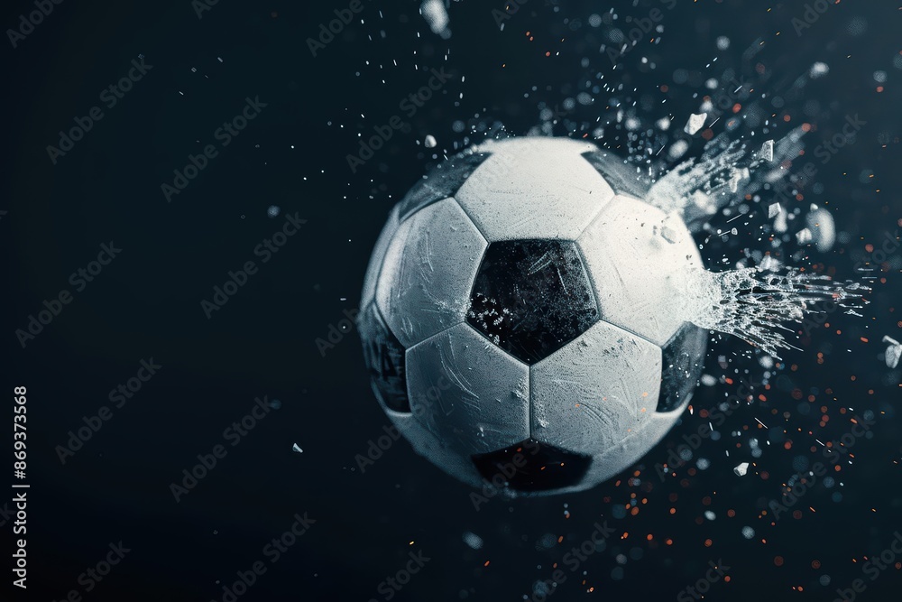 Naklejka premium Conceptual art of a soccer ball exploding into dynamic shards, with copy space