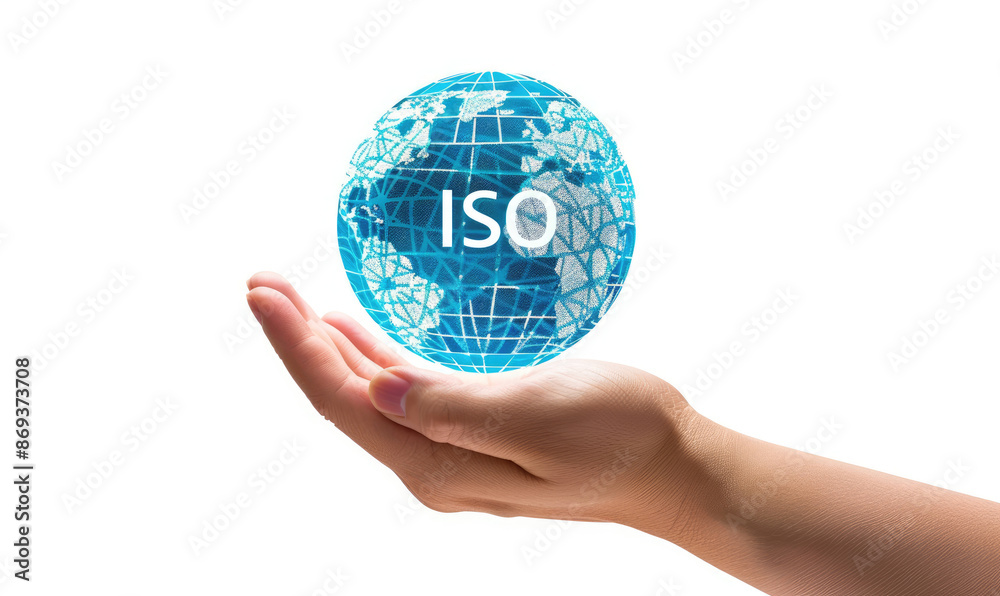 Businessman holding iso globe certification standard concept Businessman holding iso globe certification standard concept