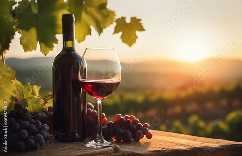 Scenic vineyard sunset with a bottle and glass of red wine, surrounded by fresh grapes. Perfect for wine enthusiasts and nature lovers.