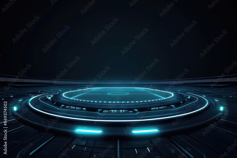 Futuristic banner showcasing a sport stadium with HUD overlays and sleek design with copy space Futuristic banner showcasing a sport stadium with HUD overlays and sleek design with copy space