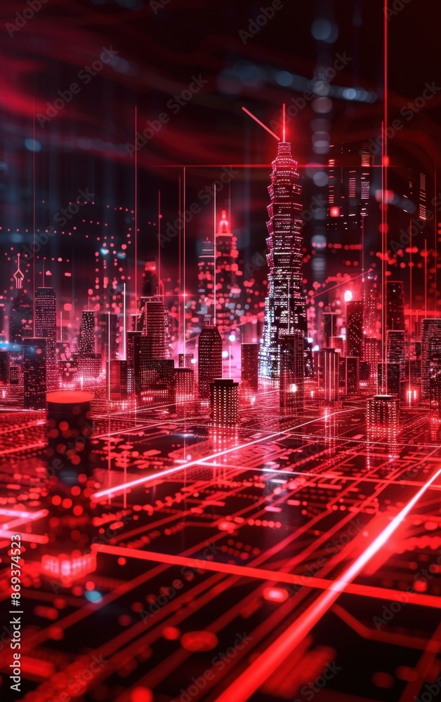 Fototapeta premium White and red background with holographic 3D cityscapes, glowing neon grids, and tech interfaces, futuristic and hightech, 3D rendering
