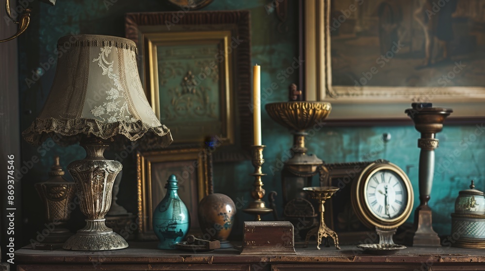 An antique lamp, clock, and candlesticks sit on a wooden shelf with a vintage painting in the background. An antique lamp, clock, and candlesticks sit on a wooden shelf with a vintage painting in the background.