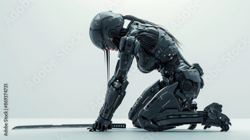 Sci-Fi Cyborg Samurai Girl with Katana in Futuristic Armor Suit