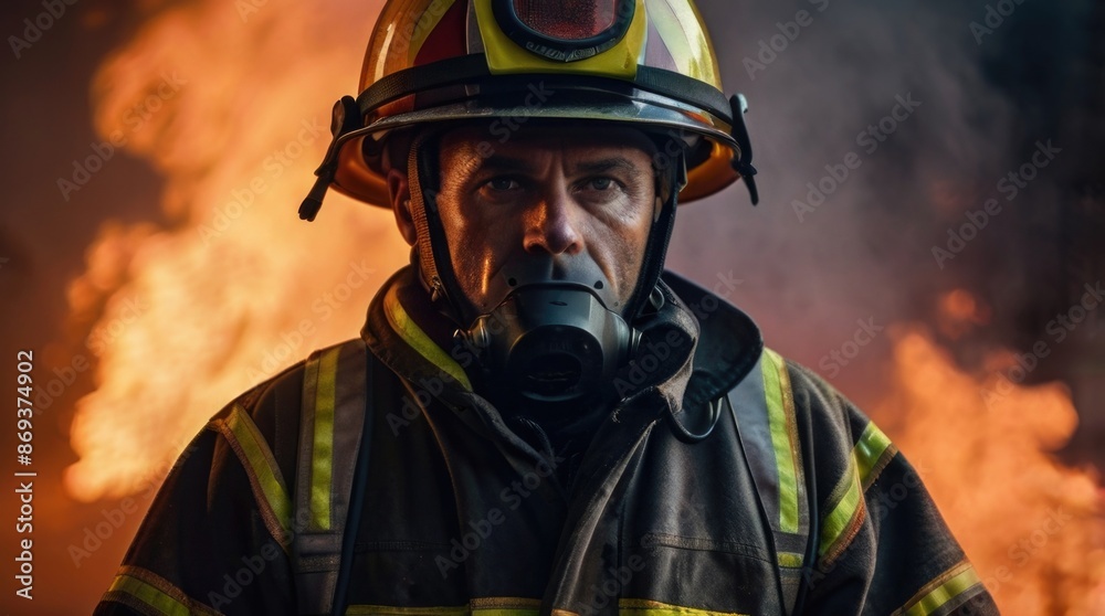 a firefighter in a gas mask standing in front of a fire a firefighter in a gas mask standing in front of a fire
