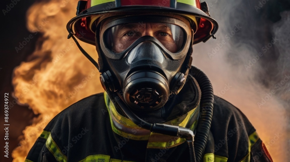 a firefighter in a gas mask standing in front of a fire a firefighter in a gas mask standing in front of a fire