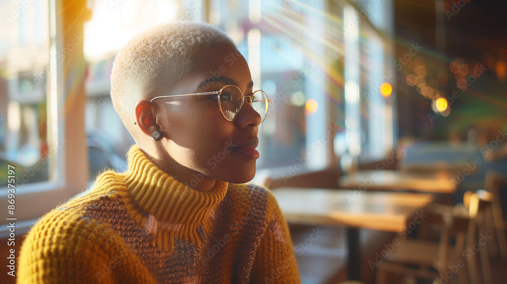 a close-up image of an LGBTQ+ person in a café, deep in conversation, with sunlight filtering through the window, highlighting their features, authentic moments, unique experiences a close-up image of an LGBTQ+ person in a café, deep in conversation, with sunlight filtering through the window, highlighting their features, authentic moments, unique experiences