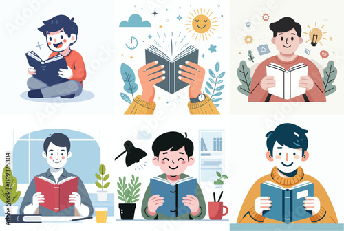 vector set of people reading a book in flat design style