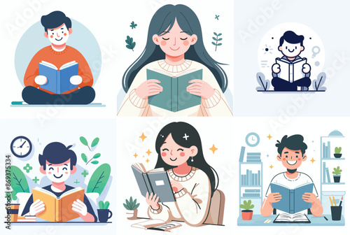 vector set of people reading a book in flat design style