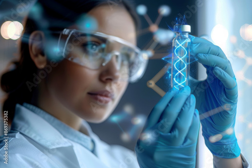 Female scientist in a laboratory. Concept image representing DNA, gene research and biotechnology.