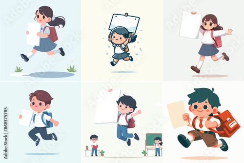 vector set of school kid carrying blank paper