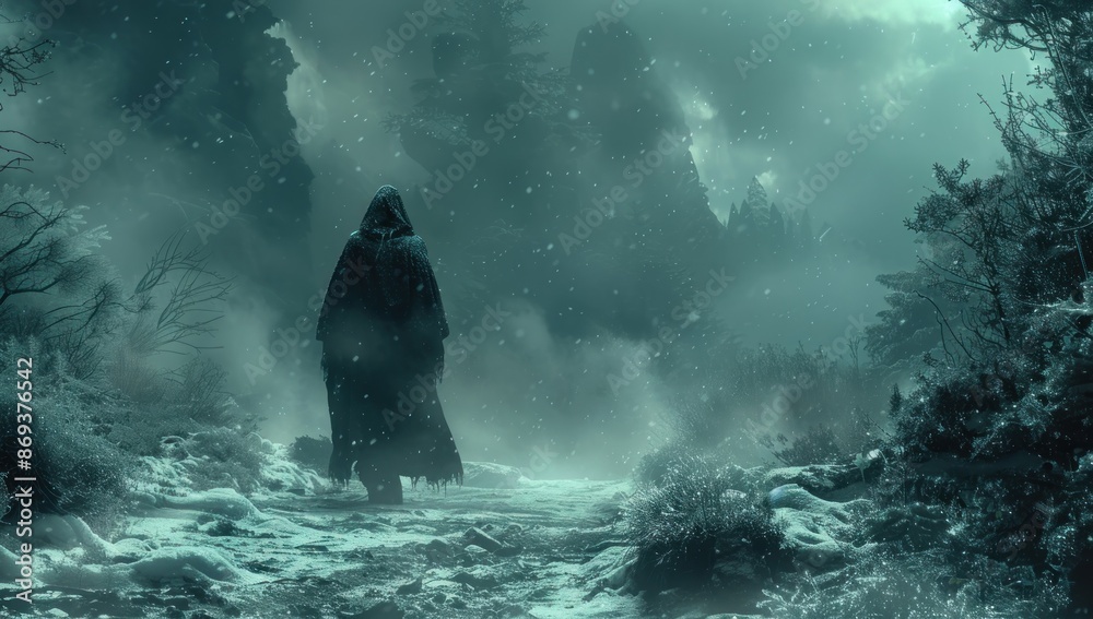 Solitary Figure in a Misty, Snow-Covered Landscape Solitary Figure in a Misty, Snow-Covered Landscape