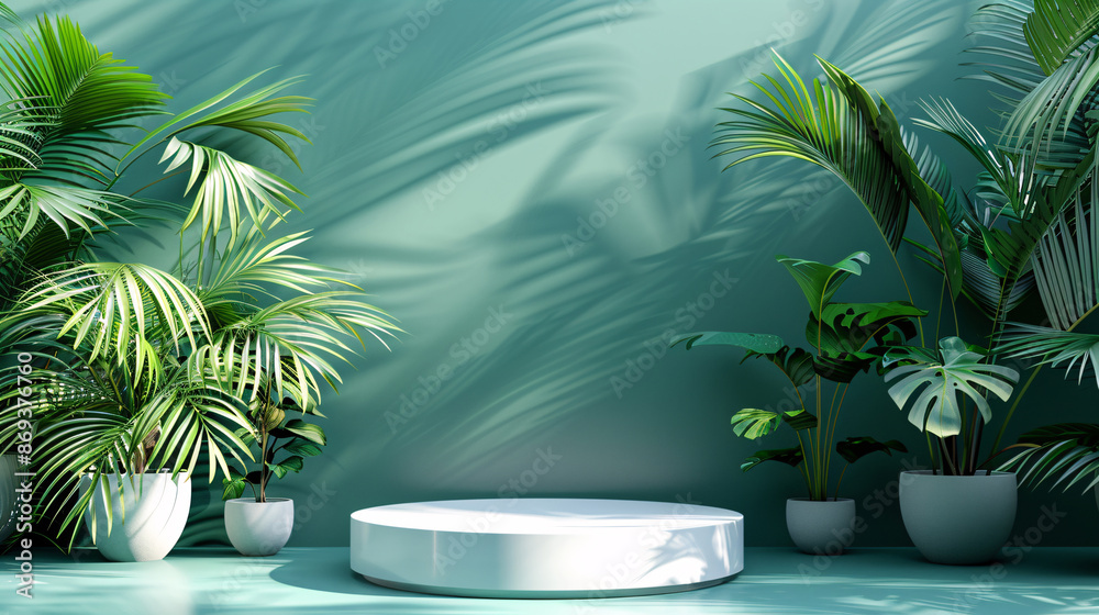 3D render of a minimal summer podium display with geometric shapes and tropical elements on a white background 3D render of a minimal summer podium display with geometric shapes and tropical elements on a white background