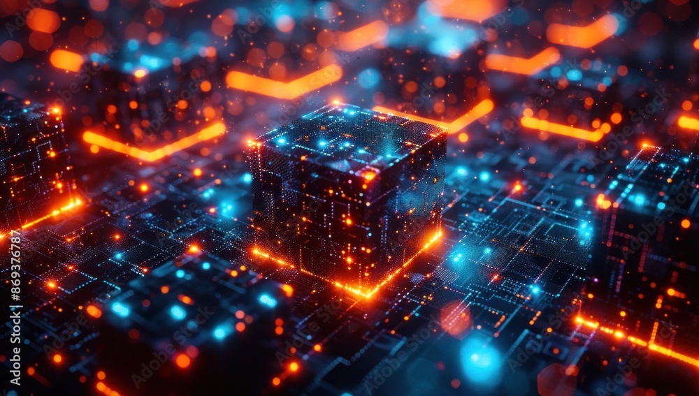 Digital Cube in a Futuristic Circuitry Landscape Digital Cube in a Futuristic Circuitry Landscape