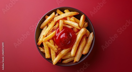 Crispy French Fries With Ketchup in a Brown Bowl on Red Background