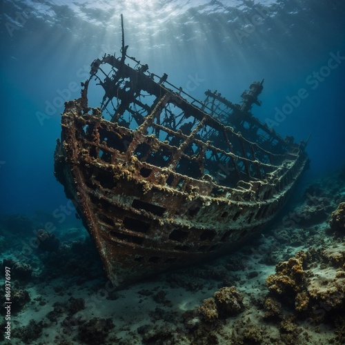 A historic shipwreck beneath the sea.