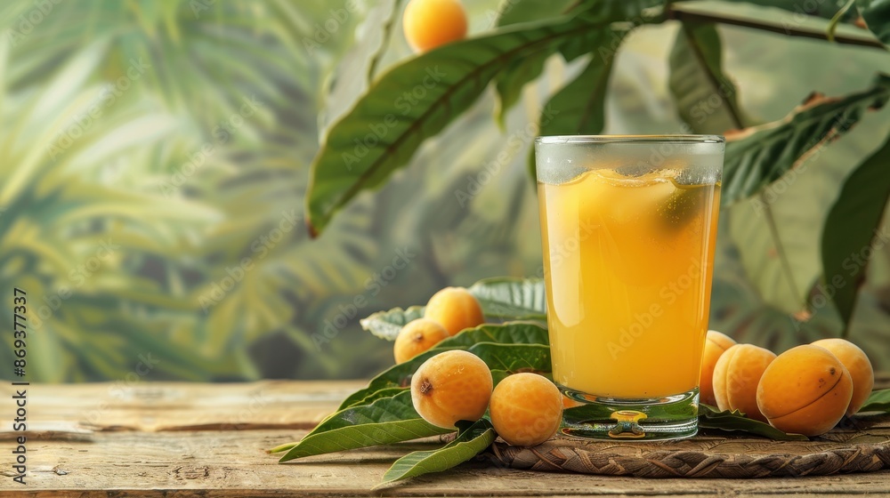 Glass of refreshing loquat juice surrounded by fresh loquat fruits and green leaves on a rustic wooden table. Glass of refreshing loquat juice surrounded by fresh loquat fruits and green leaves on a rustic wooden table.