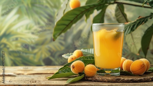 Glass of refreshing loquat juice surrounded by fresh loquat fruits and green leaves on a rustic wooden table.