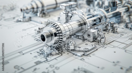 Detailed mechanical part design displayed on an engineering blueprint, showcasing precision engineering and technical drawing.