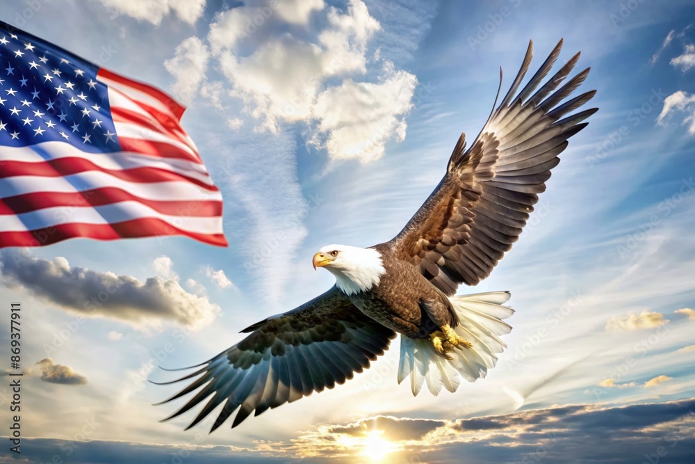 Obraz premium Majestic Bald Eagle Soaring at Sunset with Dramatic Sky