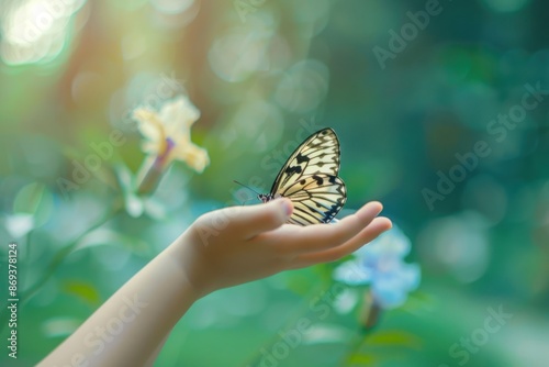 A young girl catching a single butterfly hand animal insect. photo