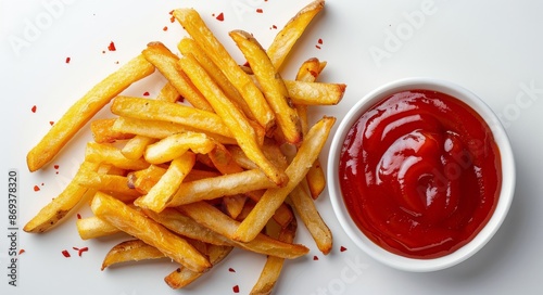 Crispy French Fries With Red Ketchup in a White Bowl on a White Surface