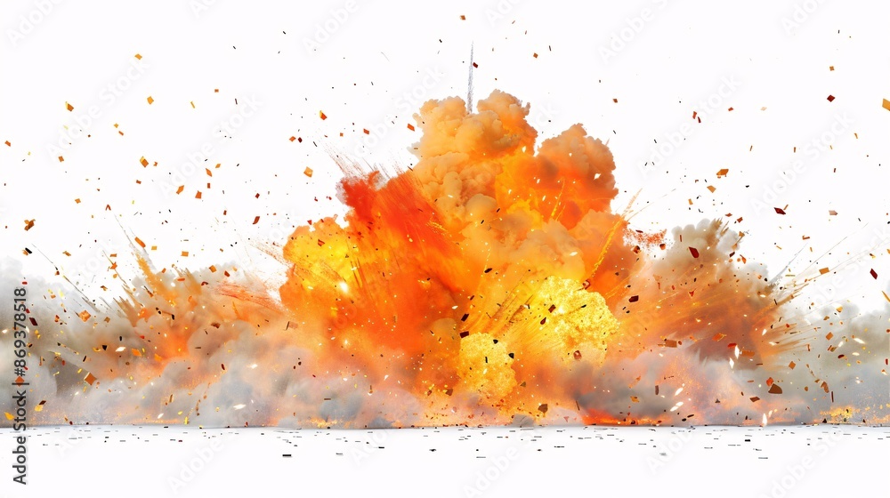 Border of a dramatic explosion with flames and smoke on white.