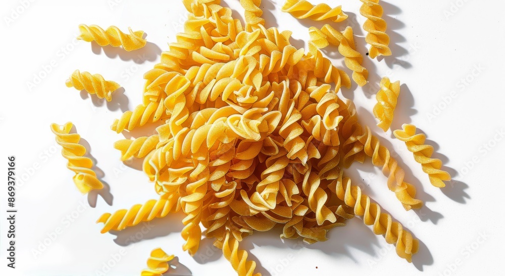 Raw Uncooked Spiral Pasta on a White Surface Raw Uncooked Spiral Pasta on a White Surface