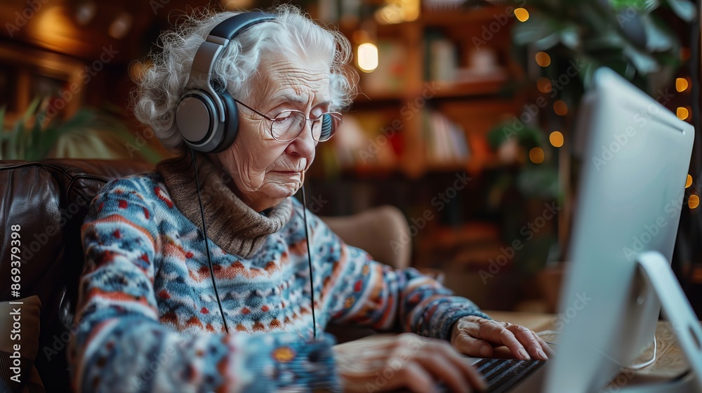 An elderly woman sits at a table, using a computer and wearing headphones. An elderly woman sits at a table, using a computer and wearing headphones.