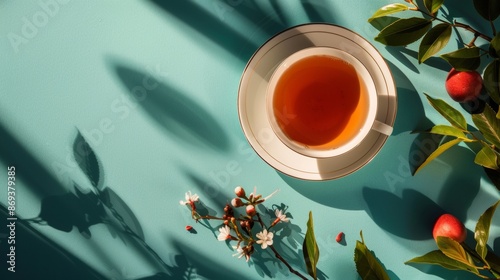 Cup of tea with flowers and leaves on green background photo