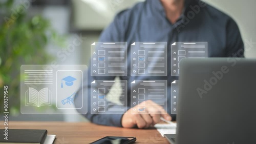 male student passes online graduation test,gets exam certification,man sitting at home using computer filling questionnaire,answer questions,internet learning education,examination