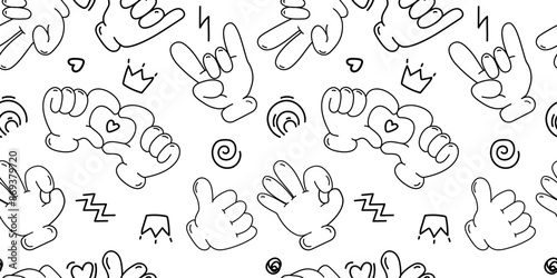 Comic hands in white gloves with different gestures seamless pattern.Retro cartoon gloved hands gestures pattern for print wallpaper,paper,textile,web background.Doodle arm pointing finger vector 
